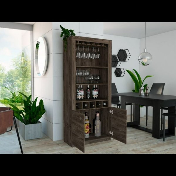 Tuhome Montenegro Bar Cabinet, Double Door Cabinet, Five Built-in Wine Rack, Three Shelves, Black BLW6550
